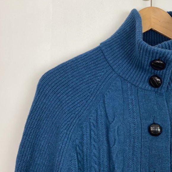 J.Crew S Teal Cardigan Cable Knit Faux Leather Buttons Lambs Wool - Picture 5 of 16